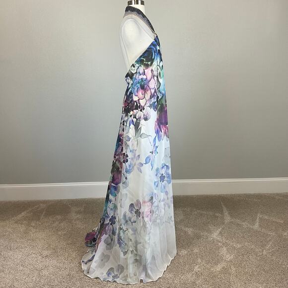 Badgley Mischka Backless Floral Print Beaded Halter Evening Gown White Size 10 - Picture 4 of 15